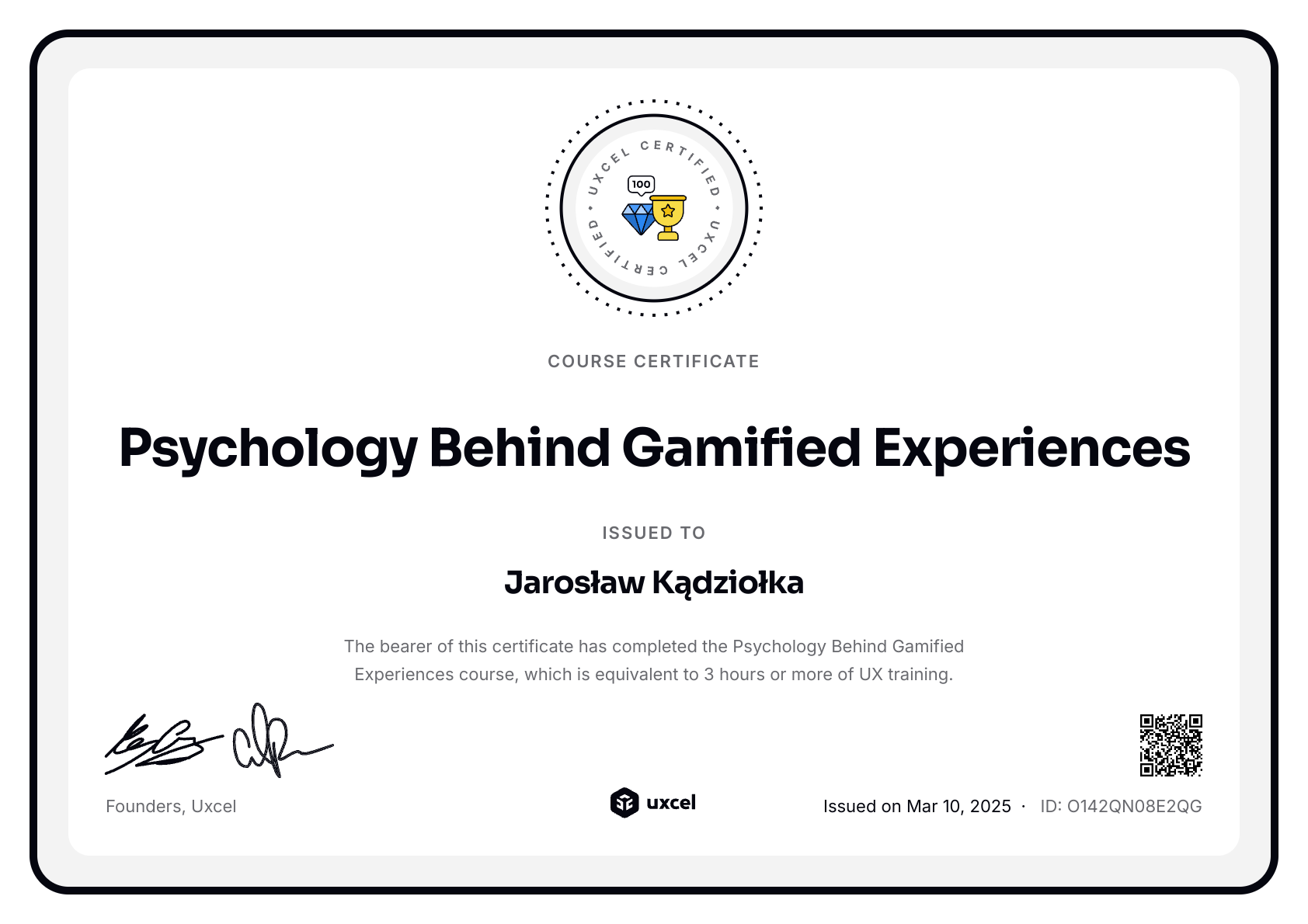 Jarosław Kądziołka's certificate